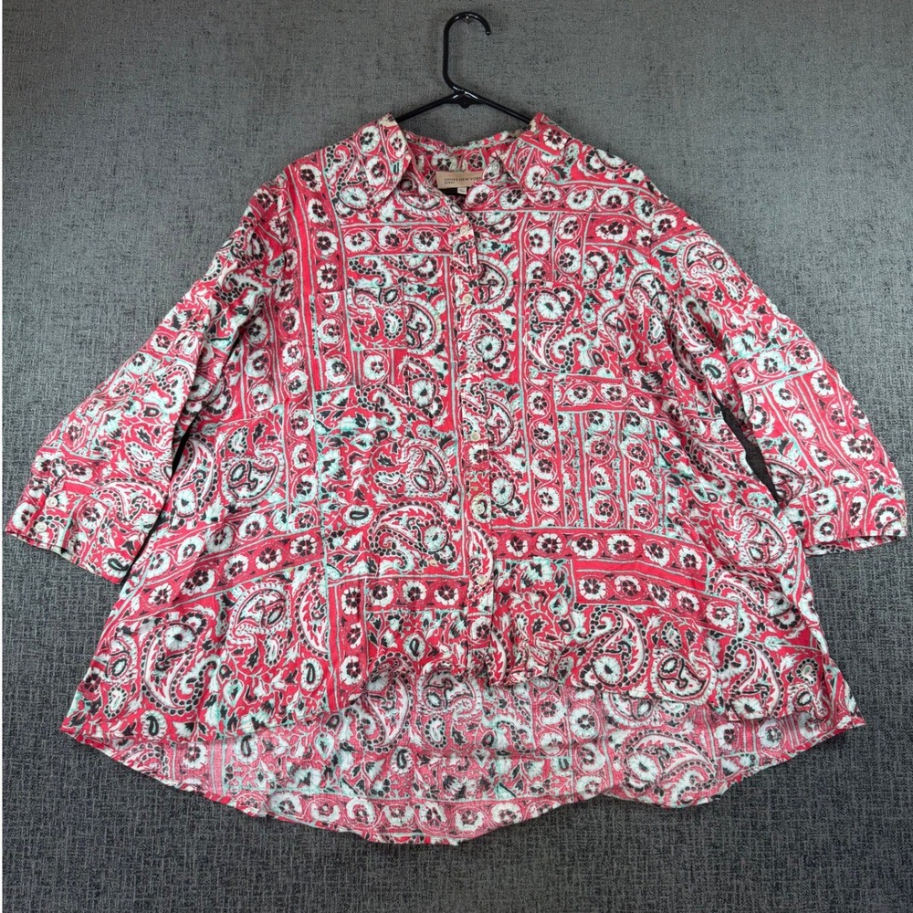Jones New York Sport Red Paisley Button Down Shirt XL 3/4 Sleeve High Low Hem